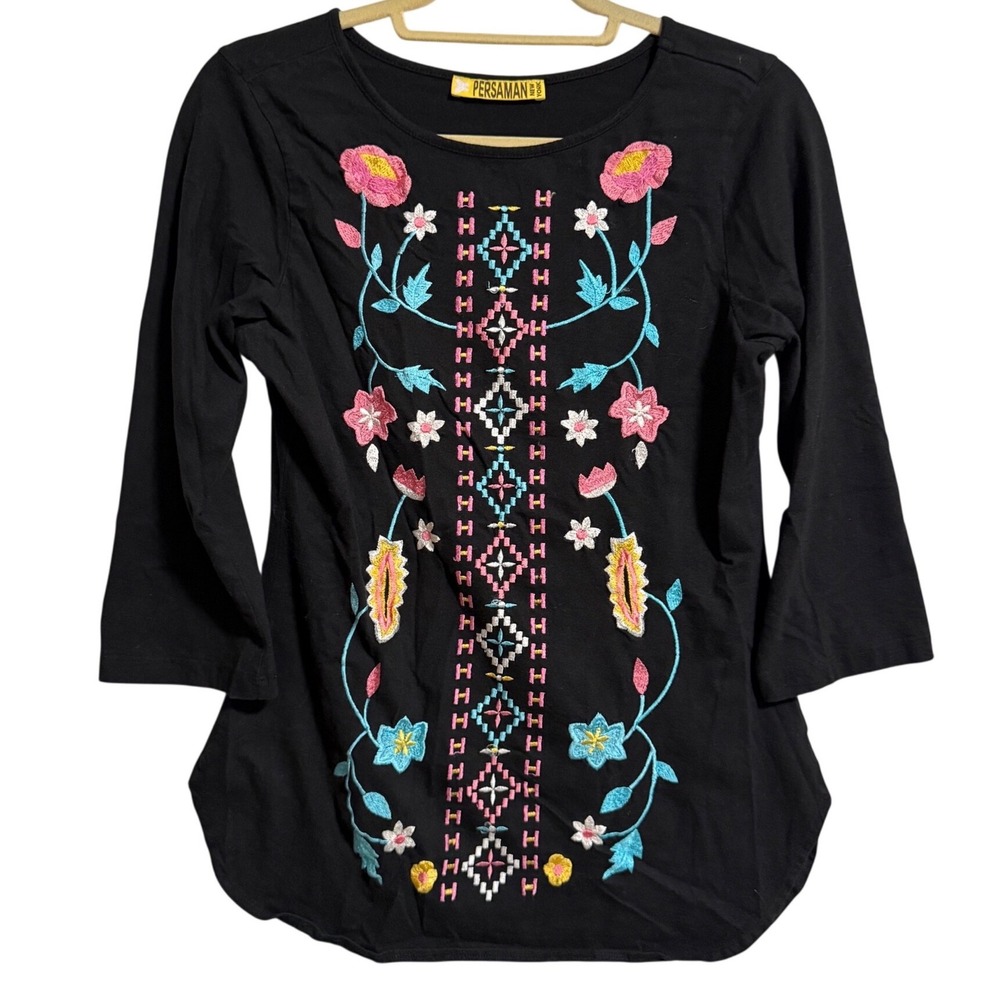 Persaman New York Black Cotton Floral Embroidered 3/4 Sleeve Boho Top Womens M